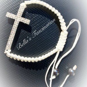 Rhinestone Cross Bracelet White Braided Adjustable